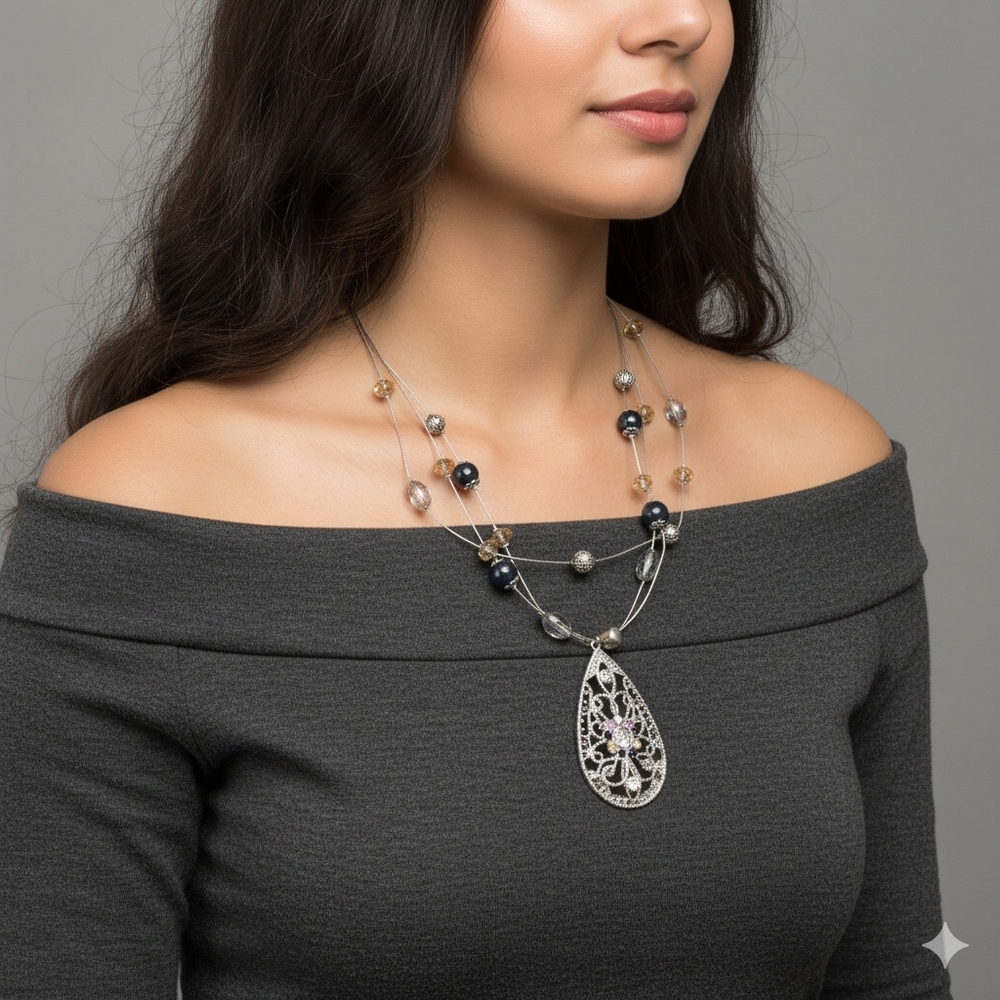 Silver and Black Teardrop Pendant Necklace